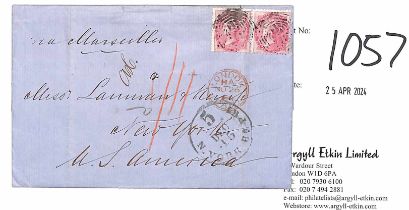 1864 (Oct 21) Entire letter to New York franked 8a carmine pair each cancelled octagonal "B/172",