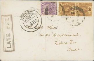Late Fee. 1926 (Jan 31) Picture postcard from Penang to India franked 24c, handstamped boxed "LATE
