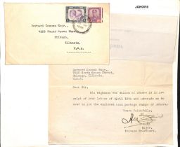 Johore - Sultans. 1923-55 Covers (9), postcards and ephemera including 1923 stampless official