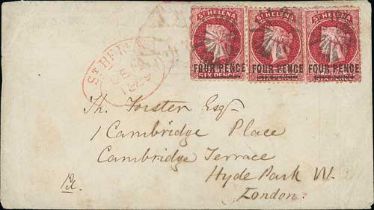 1869 (Dec 12) Cover to London franked at the 1/- packet rate, with 4d single and pair (S.G. 14) each