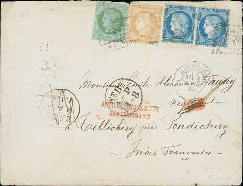 France. 1873 (Apr 1) Cover from Bordeaux to Pondicherry, 65c postage paid by 5c + 10c + 25c pair, - Image 2 of 2