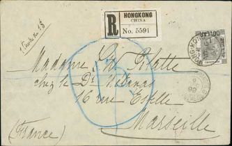 1899 (Nov 6) Registered cover to Marseille bearing scarce first type black "R / HONGKONG / CHINA"