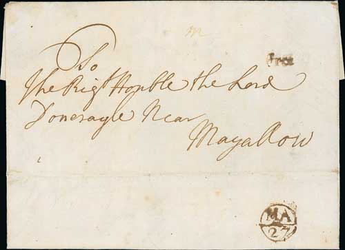 1707 (May 27) Entire letter from Dublin "To the Right Honble the Lord Donerayle near Mallow" with