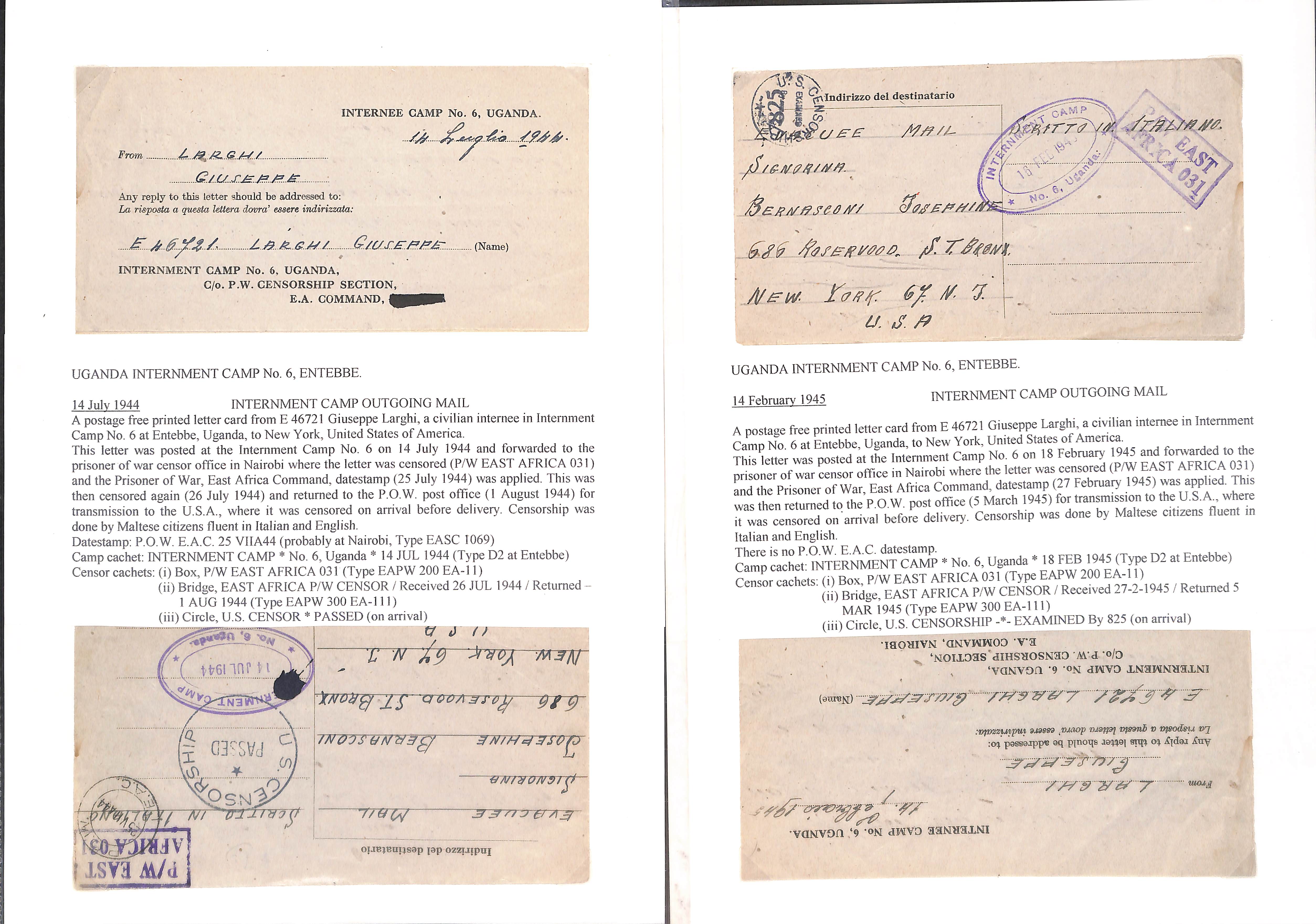 Internee Mail - Uganda/Kenya. 1943 Lettersheets or cards from Italian Internees in Uganda (2) or