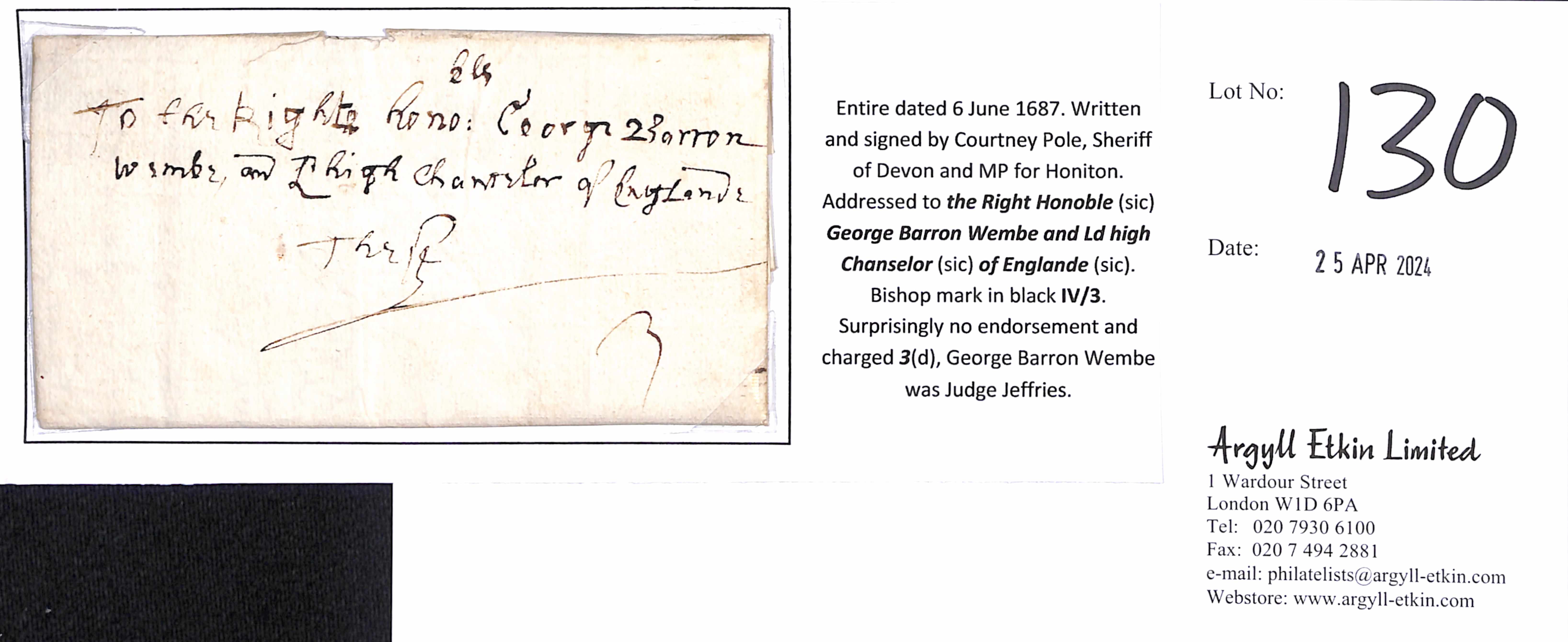 1687 (June 6) Entire letter from Shute (near Axminster) written by Courtenay Pole, MP for Honiton - Image 2 of 6