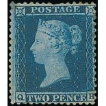1855 2d Blue, perf 14, watermark Large Crown, plate 5, QH mint with large part original gum, tiny