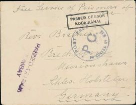 Kodaikanal. 1915 Stampless cover to Germany endorsed "Free Service of Prisoners of War" with