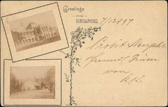 1897 3c Carmine postcard used to Germany, the reverse with printed "Greetings From Singapore" and