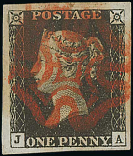 1840 1d Black, JA plate 4, large to huge margins on all sides, used with a fine red Maltese Cross, a