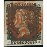 1840 1d Black, JA plate 4, large to huge margins on all sides, used with a fine red Maltese Cross, a