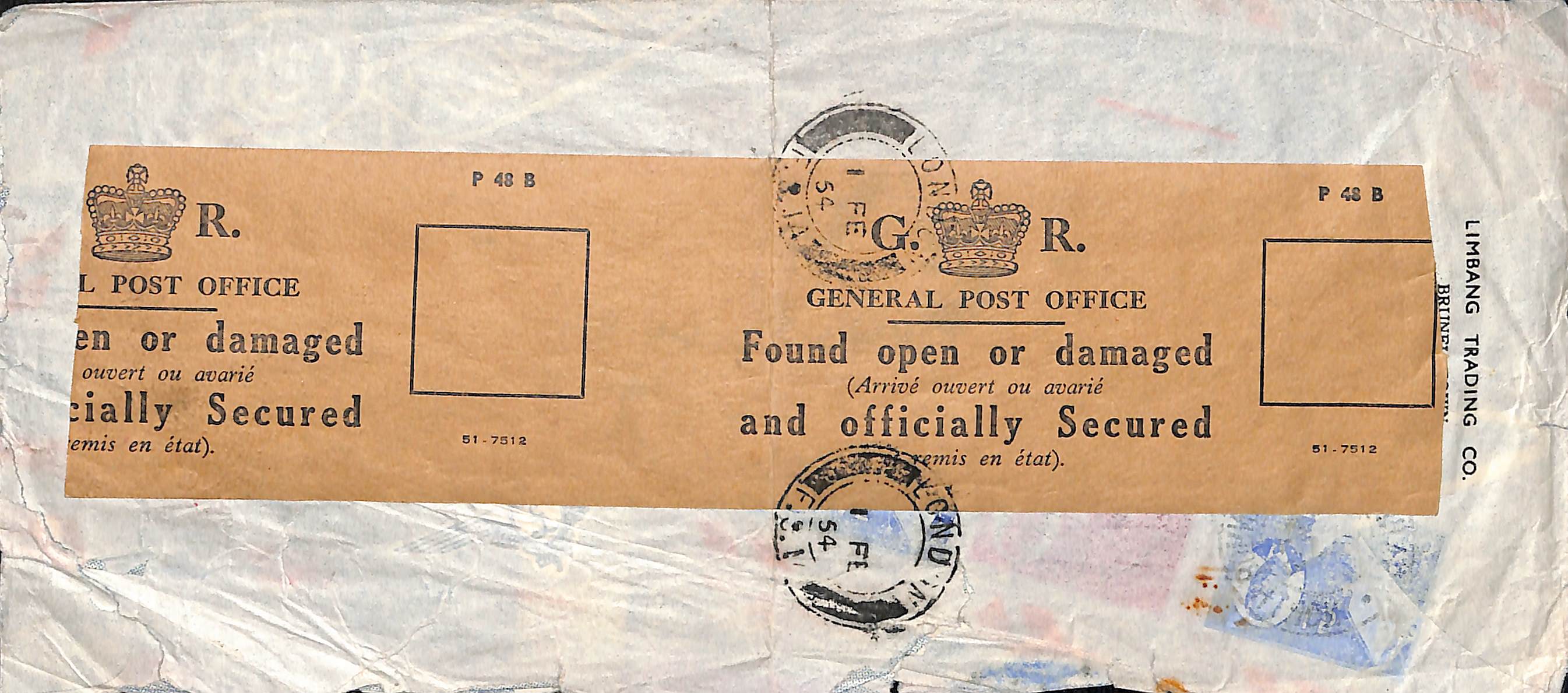 Brunei. 1954 Long commercial cover to England with small part Brunei datestamp on the front and " - Image 2 of 2