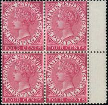 1882 Crown CA 2c Rose mint, block of four in a fine deep shade mounted on the upper stamps only, and