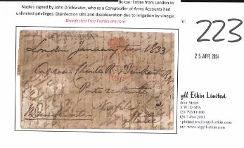 Disinfected Mail - Italy. 1833 (Jan 2) Entire letter franked by John Drinkwater (Comptroller of Army