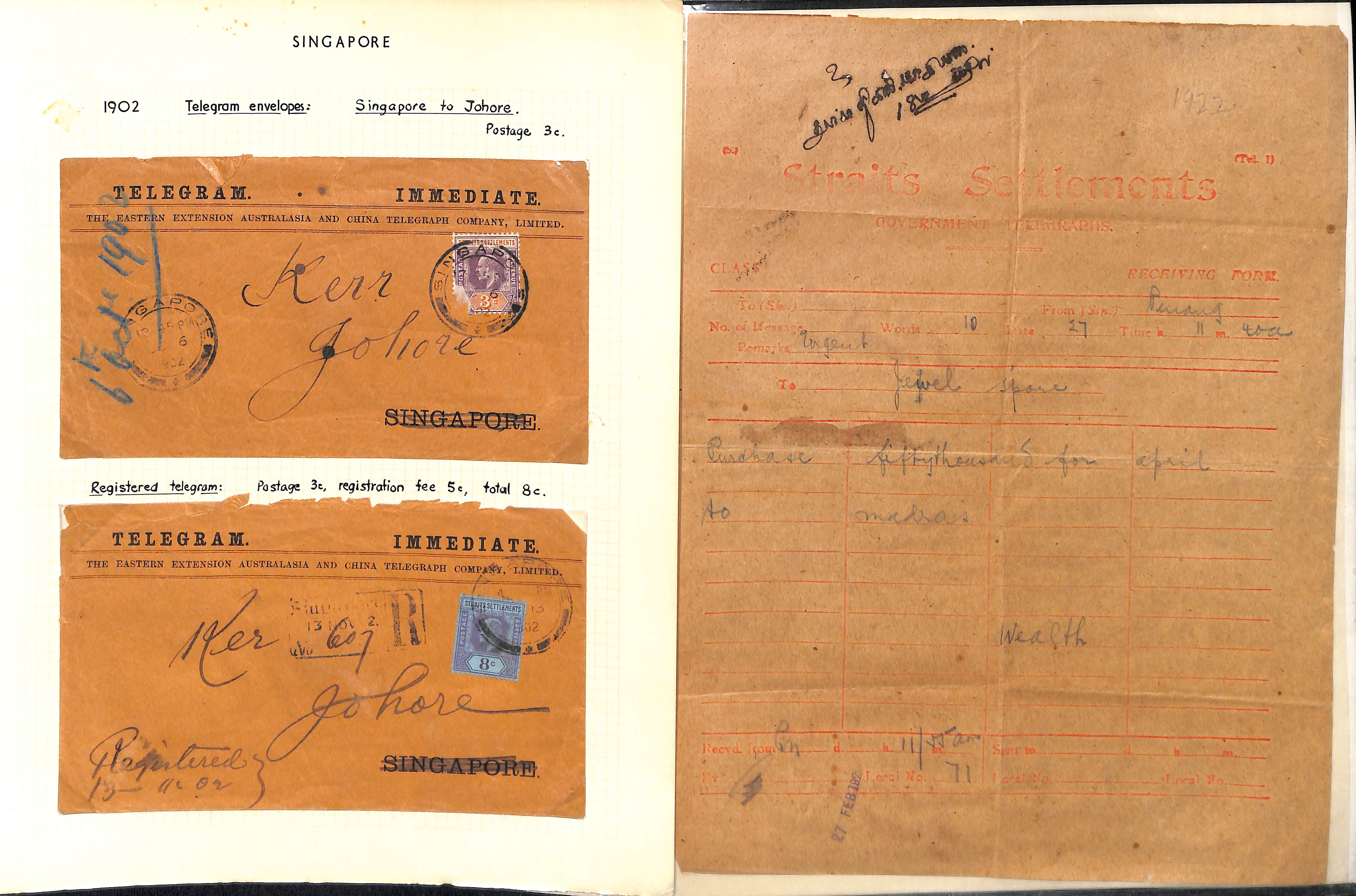 Telegrams. 1925-48 Telegram forms (21) and envelopes (16), mainly Straits but some from Johore, F. - Image 5 of 12