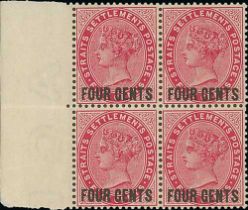 1899 (Mar) 4c on 5c Carmine, unmounted mint block of four with margin at left, variety watermark
