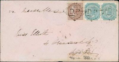1868 Cover to England franked 1a + 4a pair each cancelled by "D.P" within a diamond (Cooper type