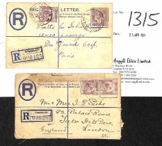 Tanglin. 1914-14 10c Size F registration envelopes franked 8c to France or London, the latter with a