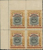 1906-07 4c on 18c Surcharge on Labuan, mint upper left corner block of four, variety imperforate