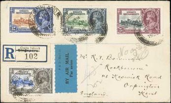 1936 (Apr 4) Registered cover to England bearing 1935 Silver Jubilee set of four each tied by