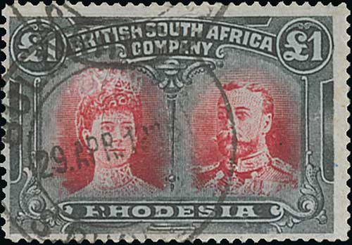 1910-13 Perf 15 £1 red and black, fine used. S.G. 179, £3,250. Photo on Page 214.