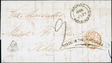 1865 (July 22) Stampless entire letter from Calcutta to France posted into a portable letterbox on a