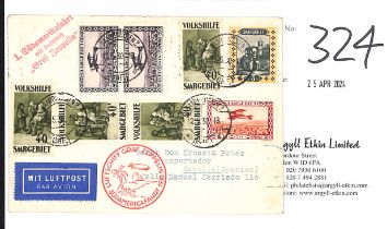Saar. 1930 (May 12) Postcard to Seville franked 7f10, with 1st South American flight cachets,
