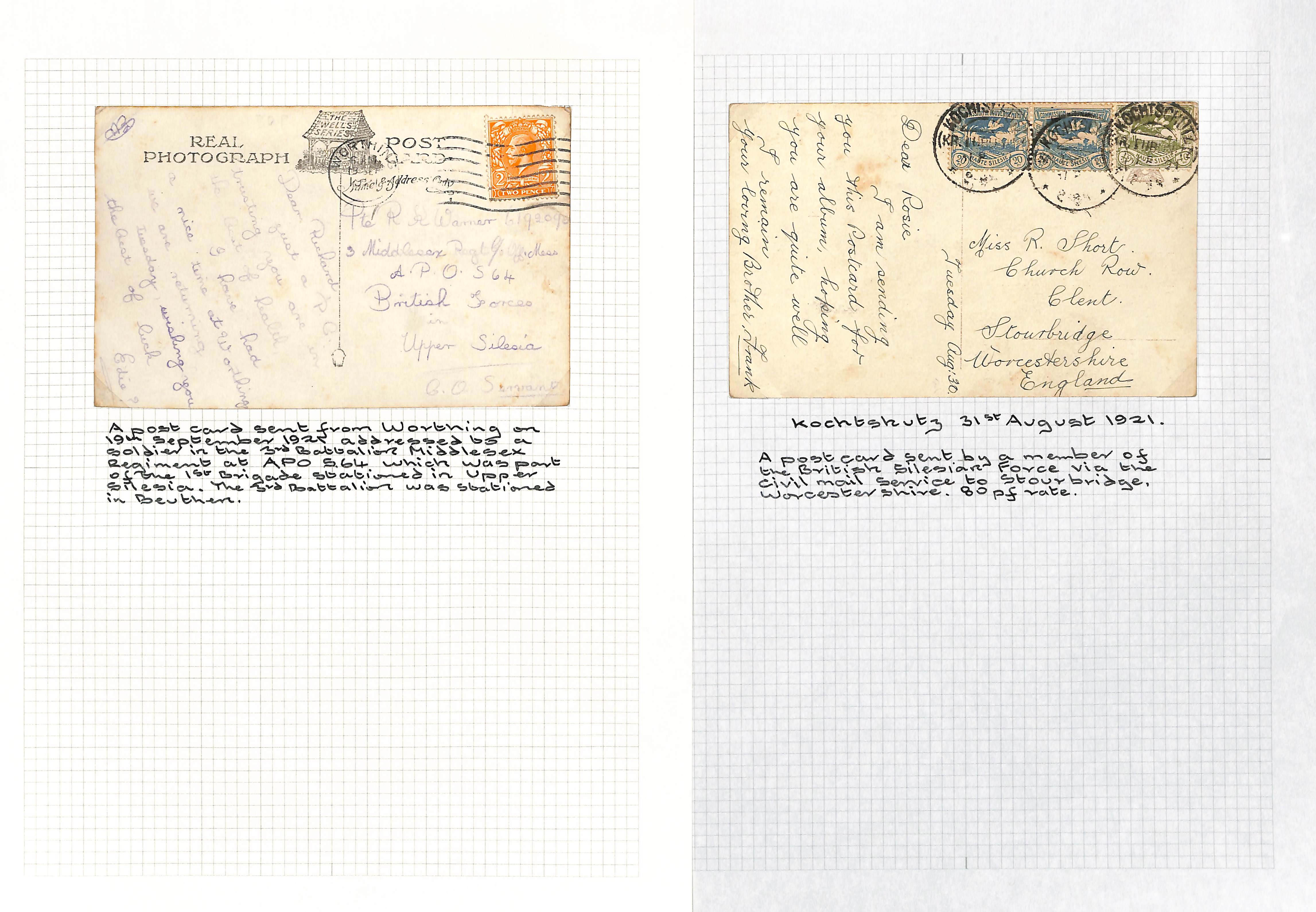 Upper Silesia. 1921 Covers and cards comprising Aug. 19th cover franked G.B ½d + 1½d cancelled "ARMY - Image 2 of 2