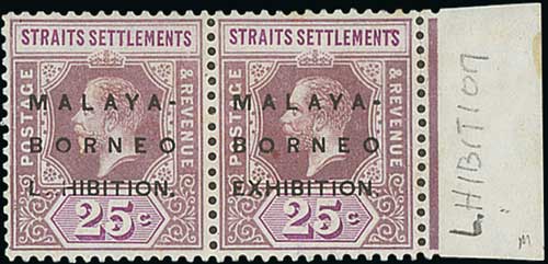 1922 Malaya-Borneo Exhibition 25c and Multiple Script CA $1 pairs, both with the variety badly