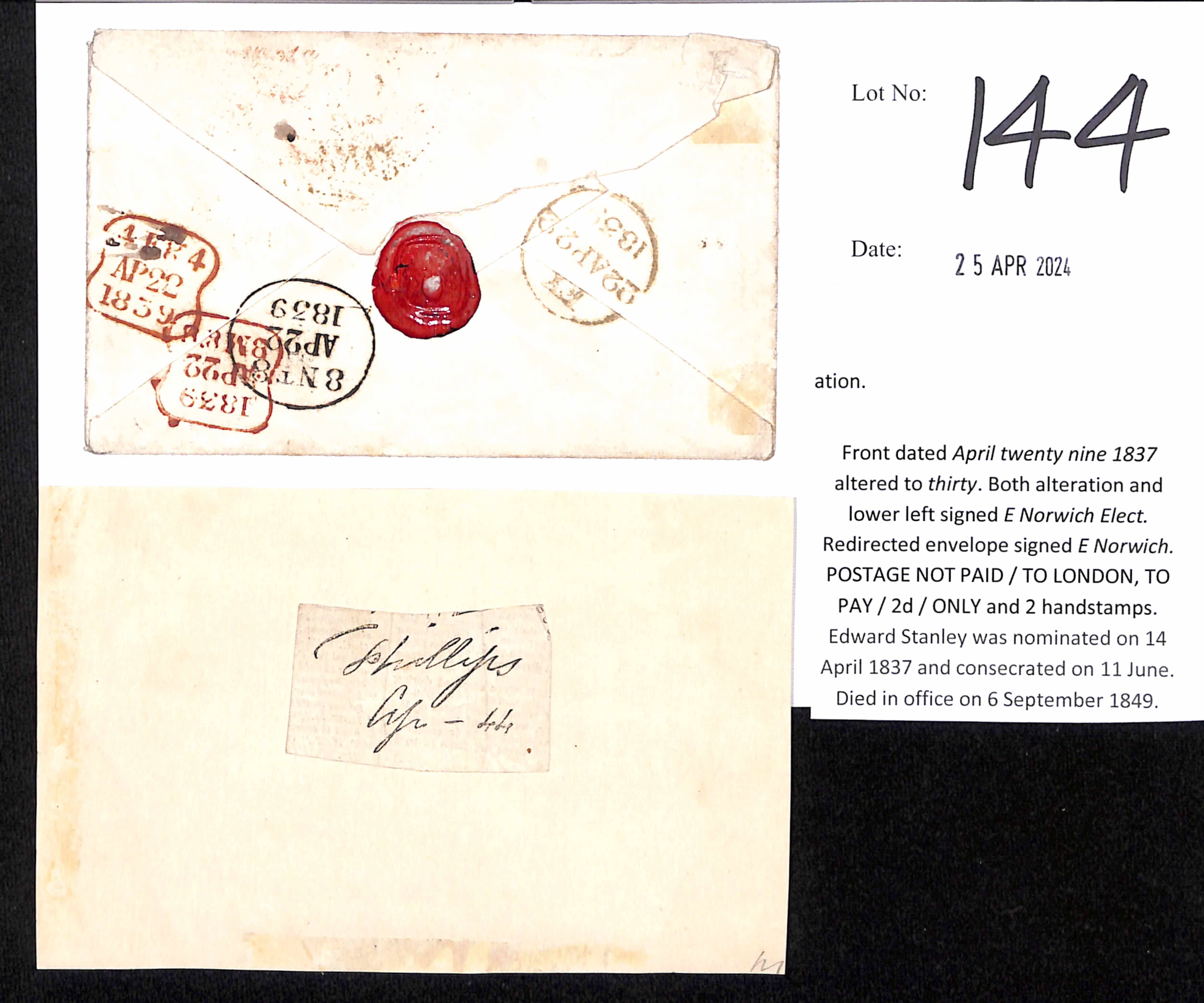 1837-39 Front and envelope from the Bishop of Norwich, the front posted on April 30 1837 during - Image 3 of 4