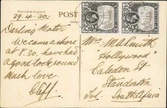 1930 (Apr 29) Picture postcard to South Africa bearing ½d vertical pair, upper stamp with torn