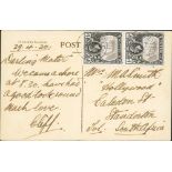 1930 (Apr 29) Picture postcard to South Africa bearing ½d vertical pair, upper stamp with torn