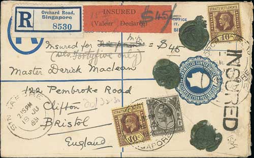 Insured Mail. 1931 (June 18) 15c Size F registration envelope from Orchard Road to England,