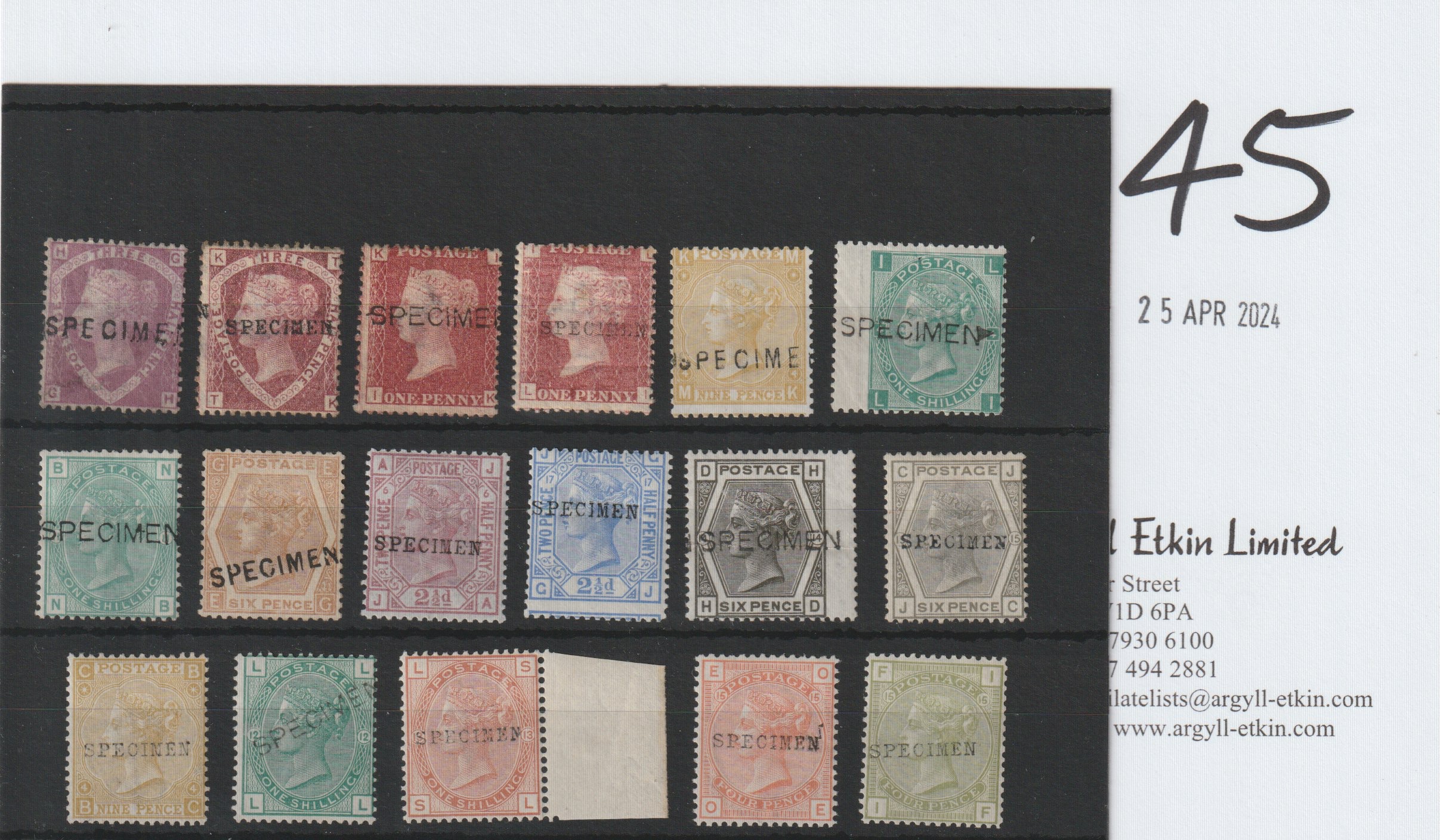 1864-80 Specimen stamps, the selection including 1864 1d red plate 146, 1867 9d straw, 1876 2½d rosy