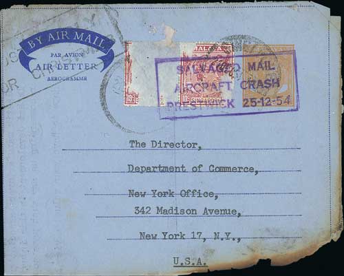 1954 (Dec. 21) Singapore 25c Air Letter with remnants of two 10c stamps, to New York with violet