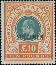Natal. 1902 ½d - £1.10, £10 and £20 with a few additional values, and 1908 6d, 2/-, 5/- and £1,