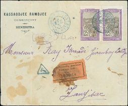 1929 (Jan 26) Cover from Tongobory, Madagascar, franked 25c pair to Zanzibar, handstamped "T",
