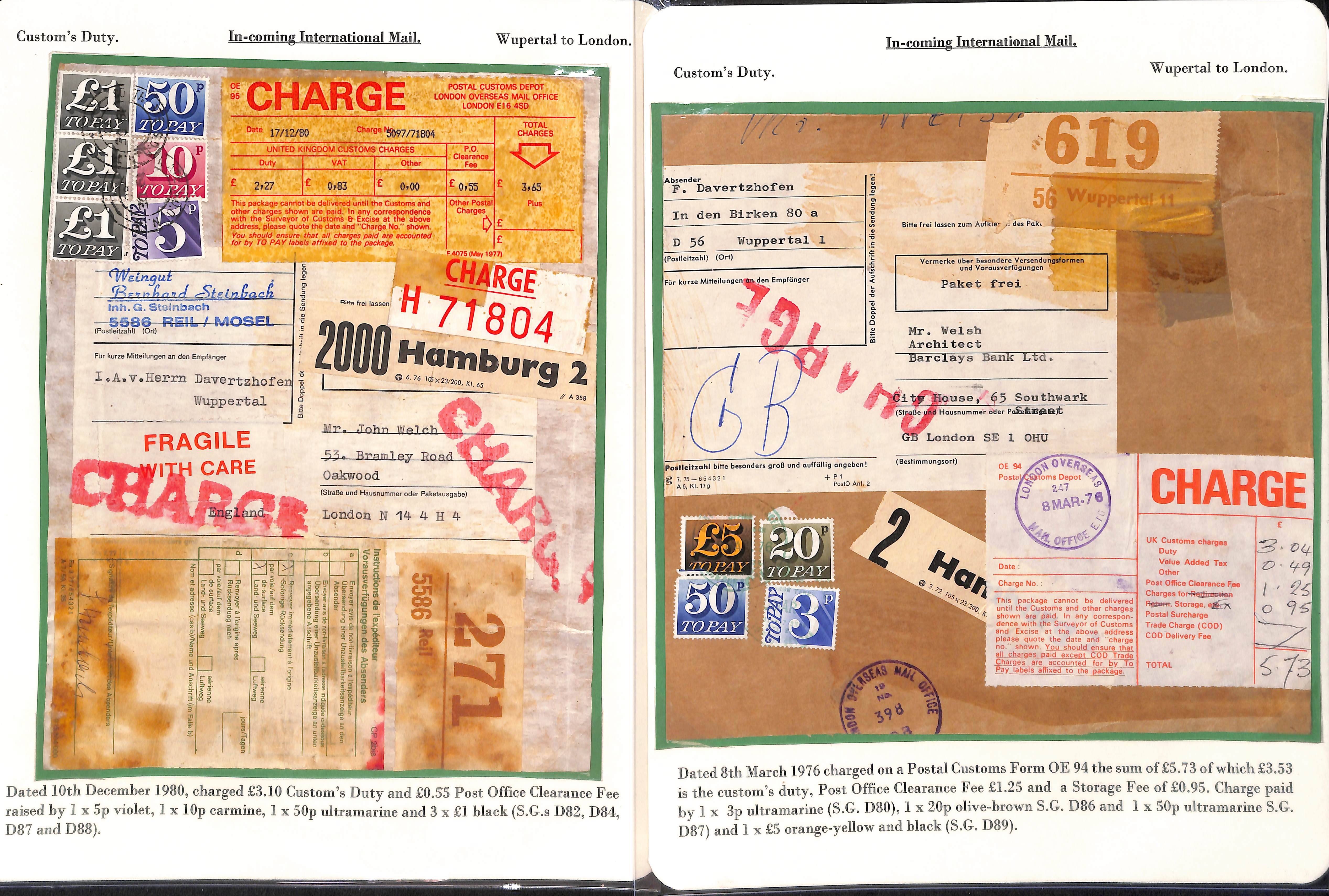 Customs Charges/Accumulated Charges. 1938-92 Covers or parcel address panels with customs duty or - Image 2 of 18