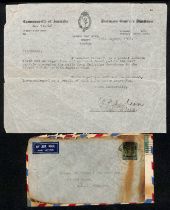 1946 (Aug. 16) Air Mail Cover from Singapore to Tasmania franked B.M.A. 50c, pinned to a July 31st
