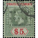 1922 Malaya-Borneo Exhibition, Multiple Crown 2c - 45c, $2 and $5, and Multiple Script CA 1c - $1,