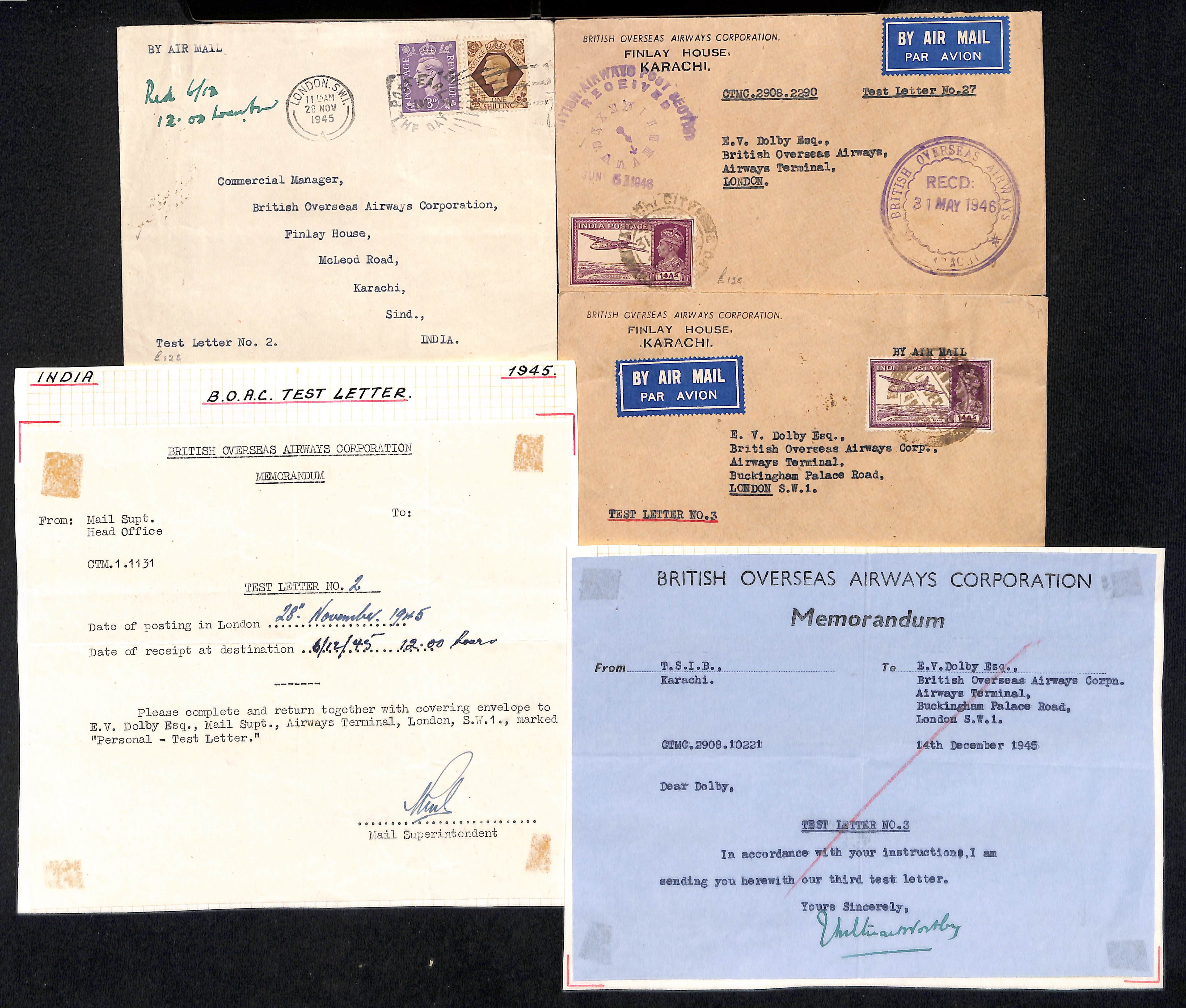 1945-46 B.O.A.C Test letters, 1945 (Nov 28) Cover from London to Karachi with enclosed test letter