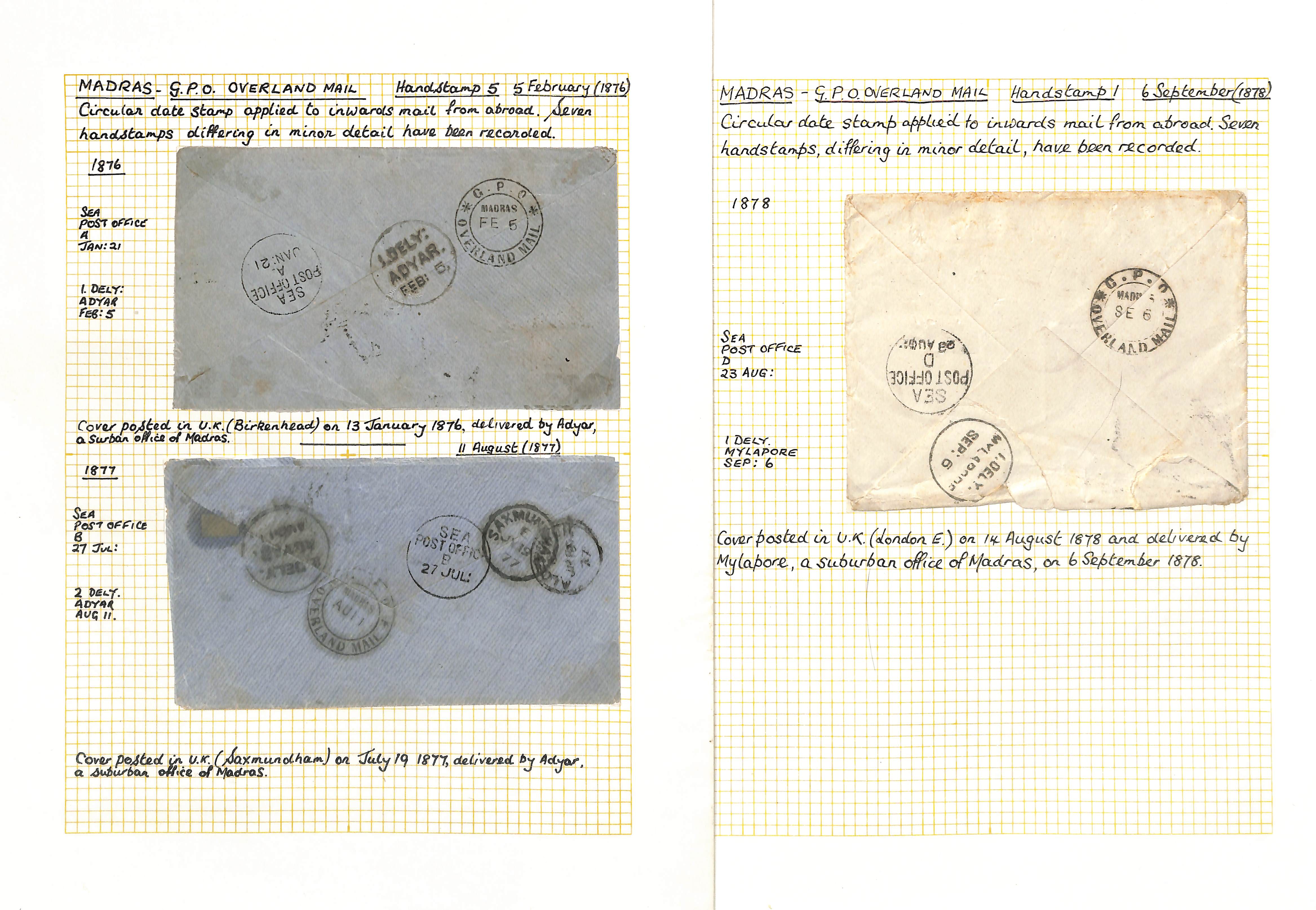 Madras - Overland Mail. 1872-82 Covers from G.B to Madras franked 1/4, 1/- (3), 8d, 6d (2) or 5d (3) - Image 2 of 5