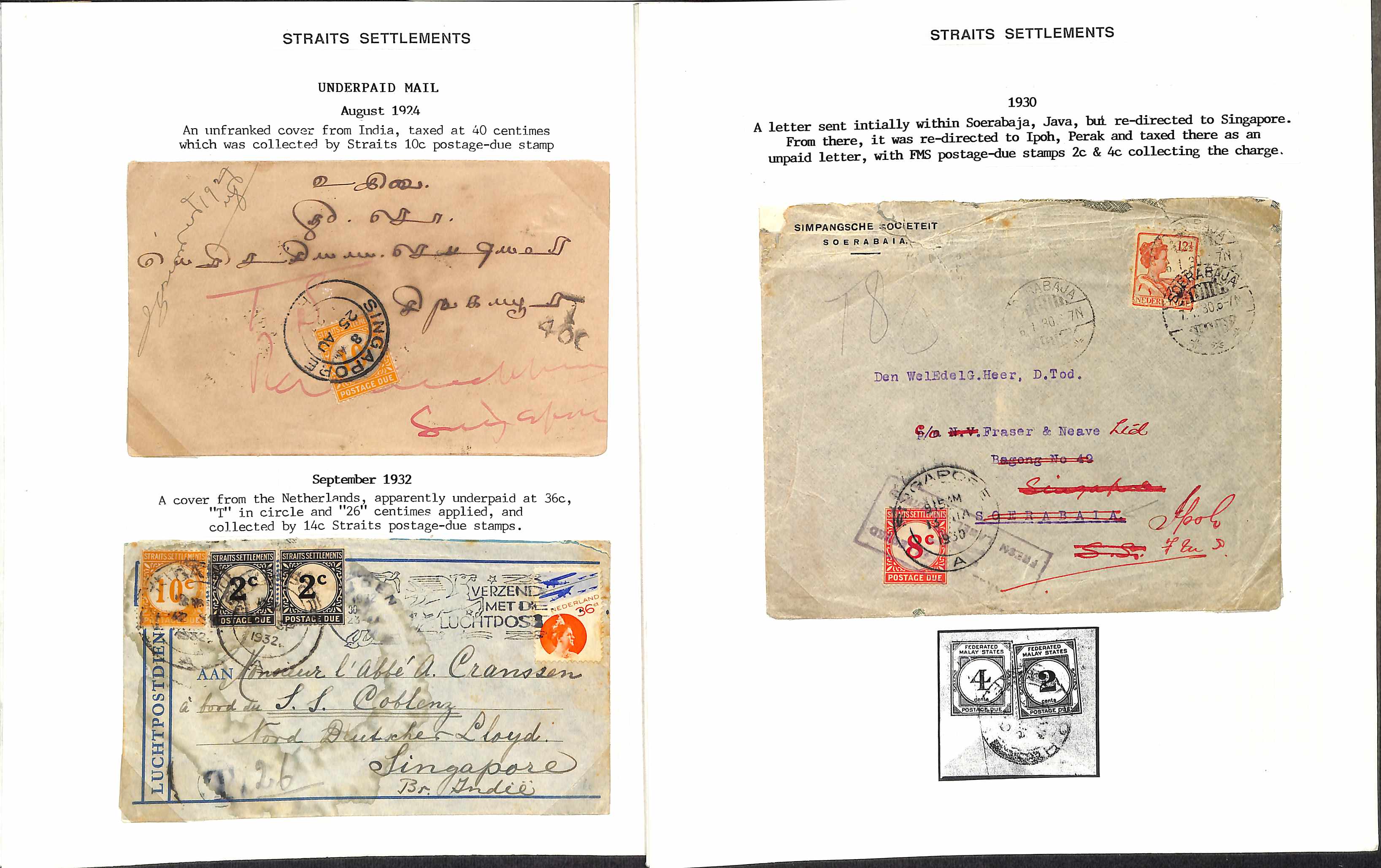 1924-38 Covers and cards with postage due stamps applied at Singapore, including underpaid covers - Image 4 of 5