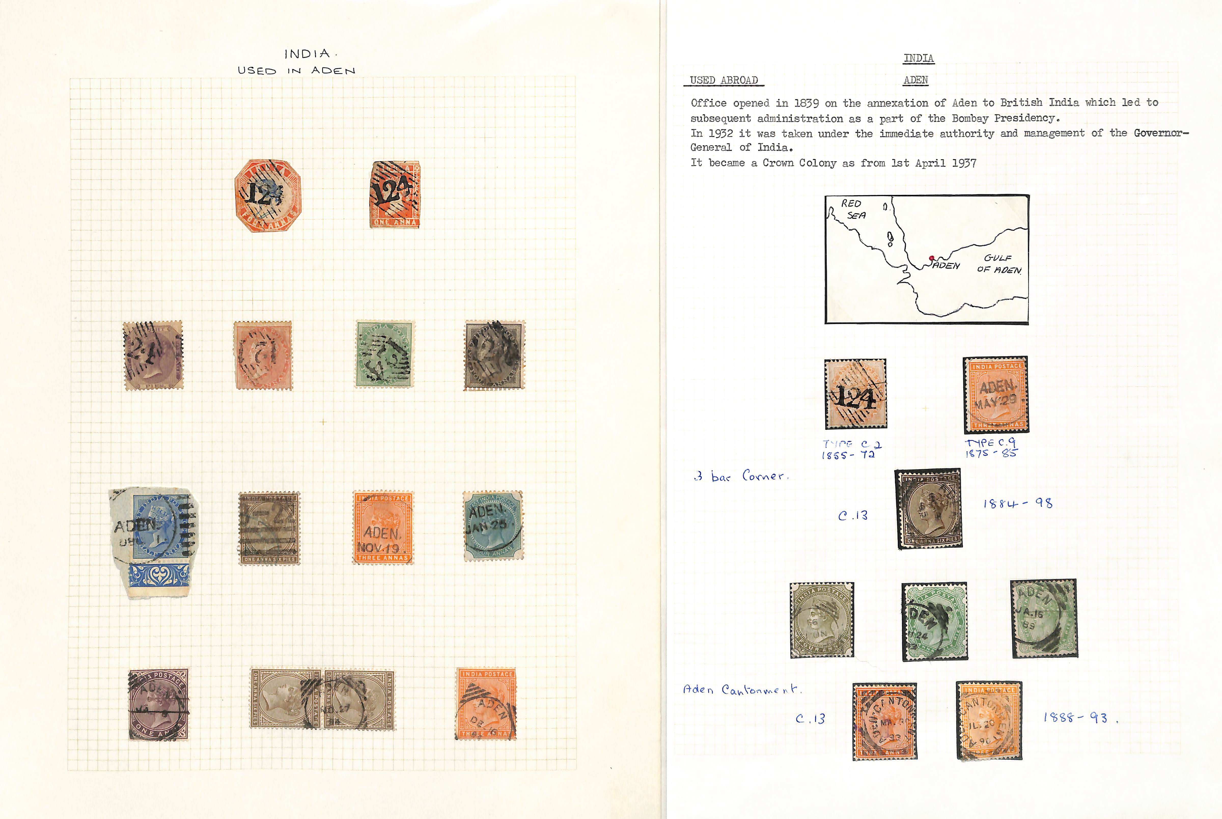 India used in Aden. QV-KGV Covers and cards (6), stamps and pieces (164) including "124" in