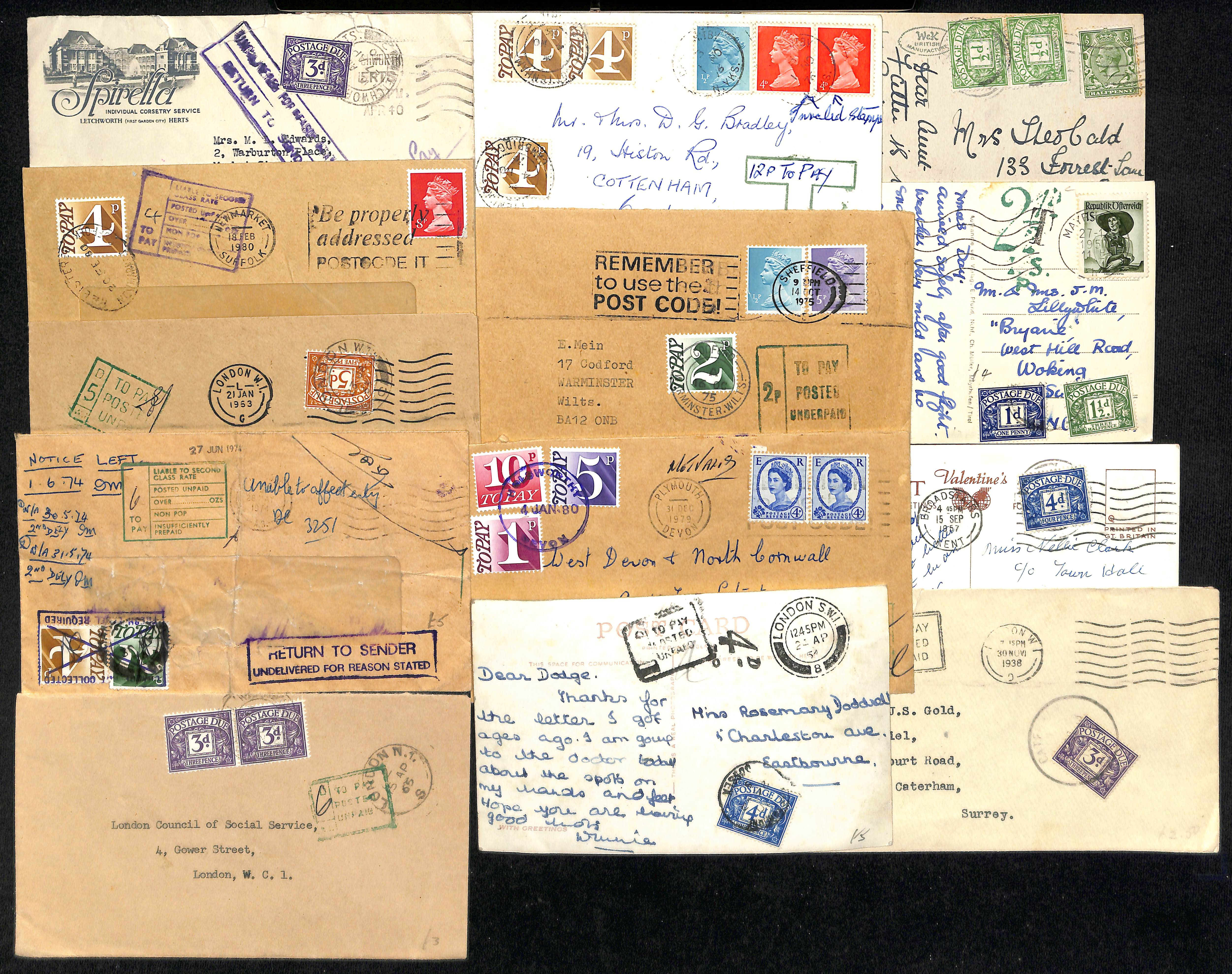 1908-80 Covers and cards, most with due stamps including 1½d brown, etc. (95). - Image 5 of 9