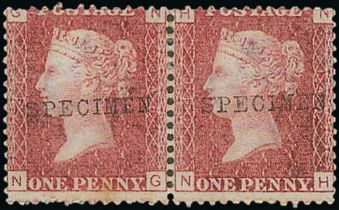 1864-79 1d Red plates with plate 146 pair handstamped "SPECIMEN" type 9, mint (11, including plate