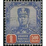 Johore. 1926 $500 Blue and red fiscally used, fine. S.G. 128, £450. Photo on Page 76.