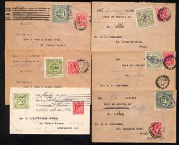 1904-05 Covers franked KEVII 1d, all bearing 2d railway letter stamps, comprising Oldham, Ashton &