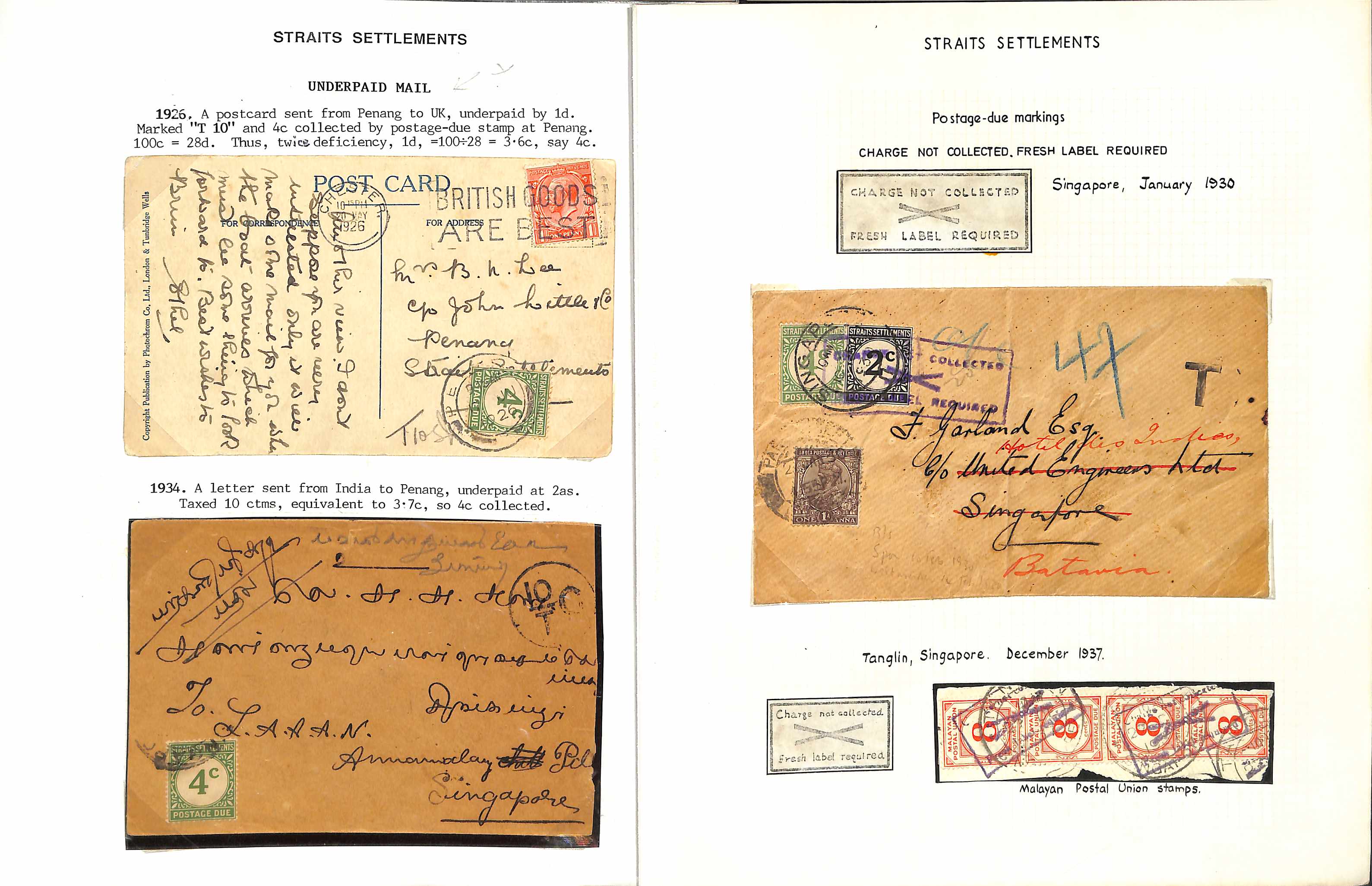 1924-38 Covers and cards with postage due stamps applied at Singapore, including underpaid covers - Image 2 of 5