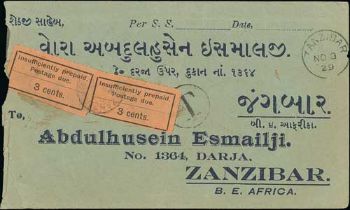 1929 (Nov 9) Unpaid cover posted within Zanzibar, handstamped "T", bearing two 3c orange dues (one