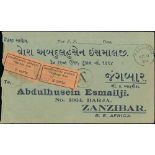 1929 (Nov 9) Unpaid cover posted within Zanzibar, handstamped "T", bearing two 3c orange dues (one